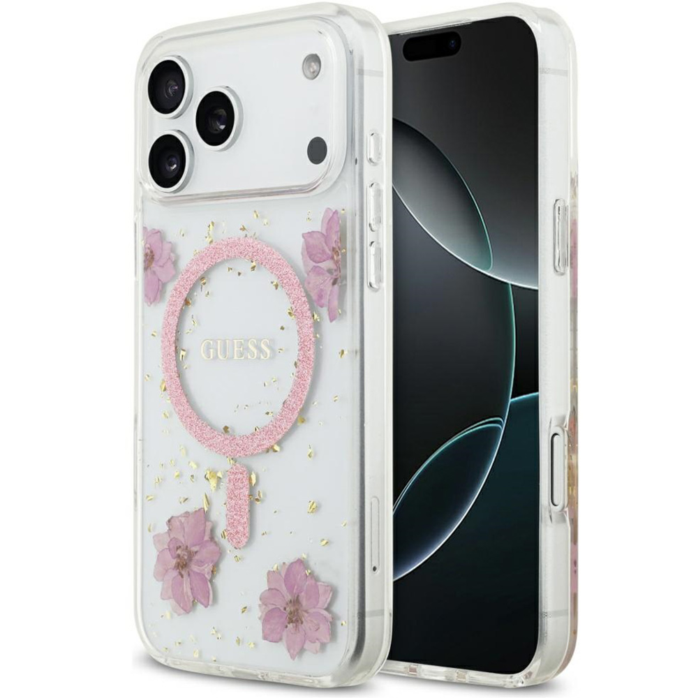 Etui Guess Resin Flowers Glitter MagSafe do iPhone 17 Pro Max, różowe z kwiecistym wzorem